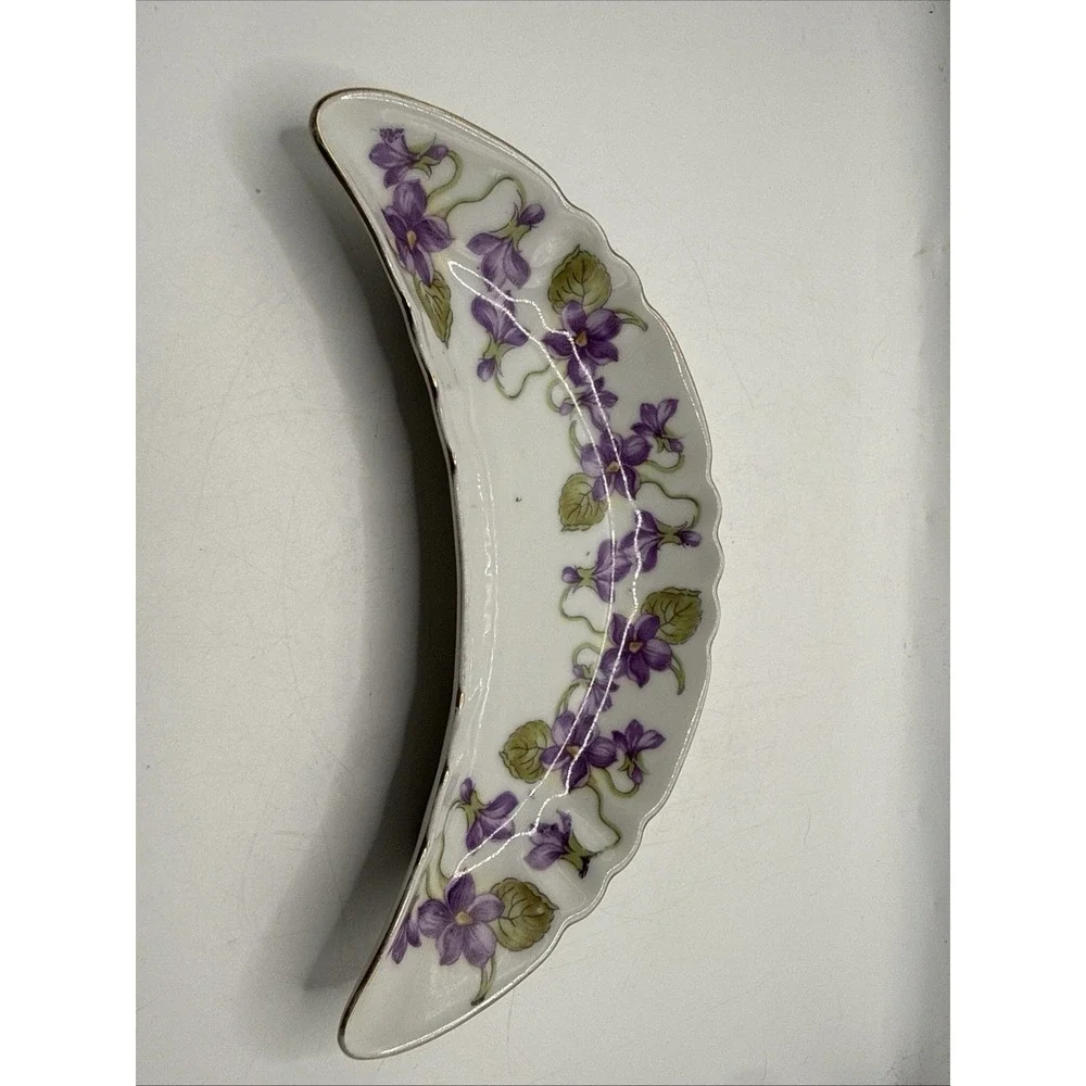 Vintage Crescent Moon Shape Trinket Dish, Purple Gold Floral Made in Germany